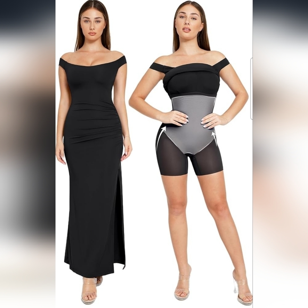 Popilush Black Off-the-Shoulder Shapewear Tummy Control Maxi Dress Size XS